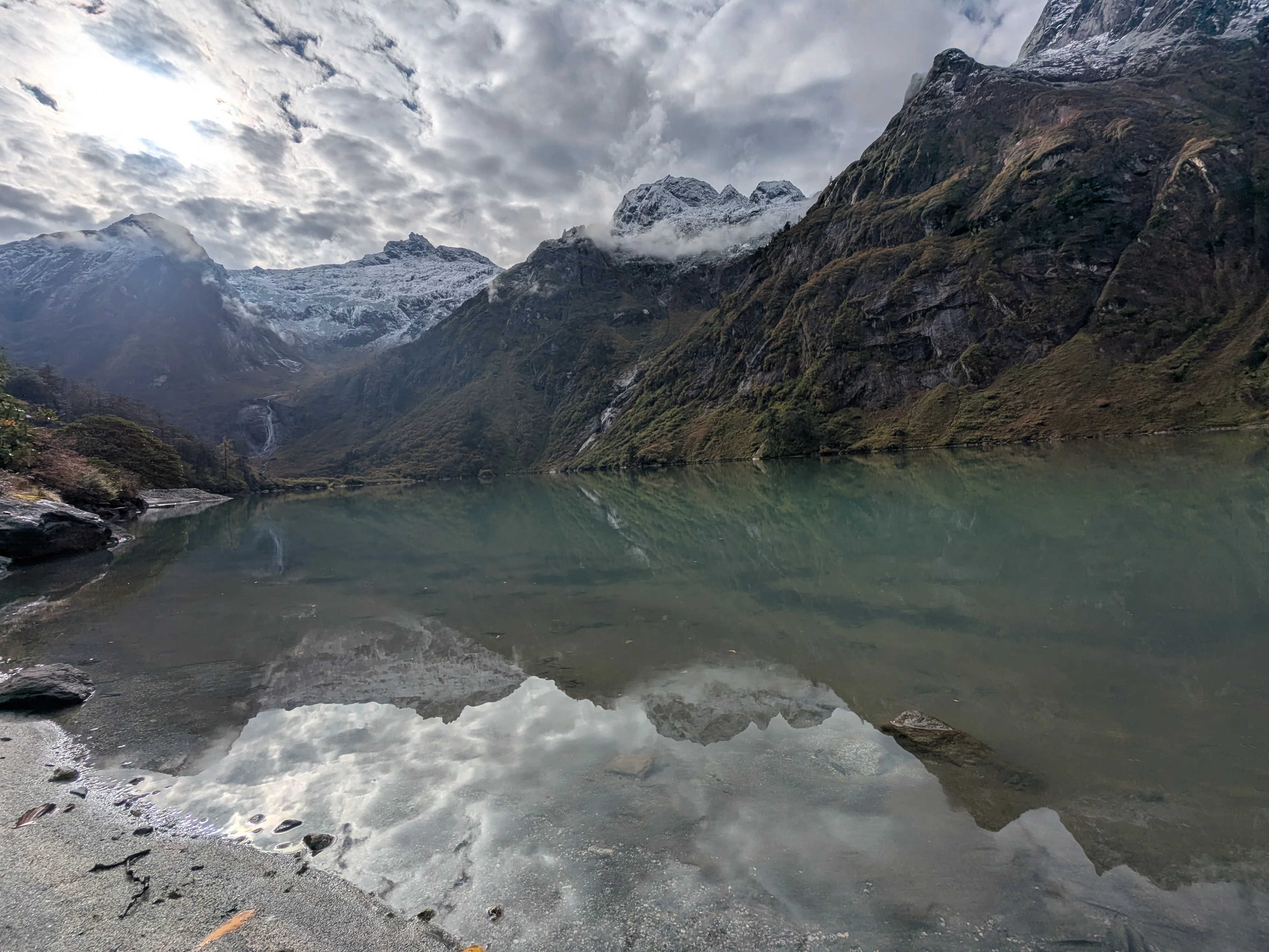 Another view of Lake 2 from base camp with a ring of snow capped mountains